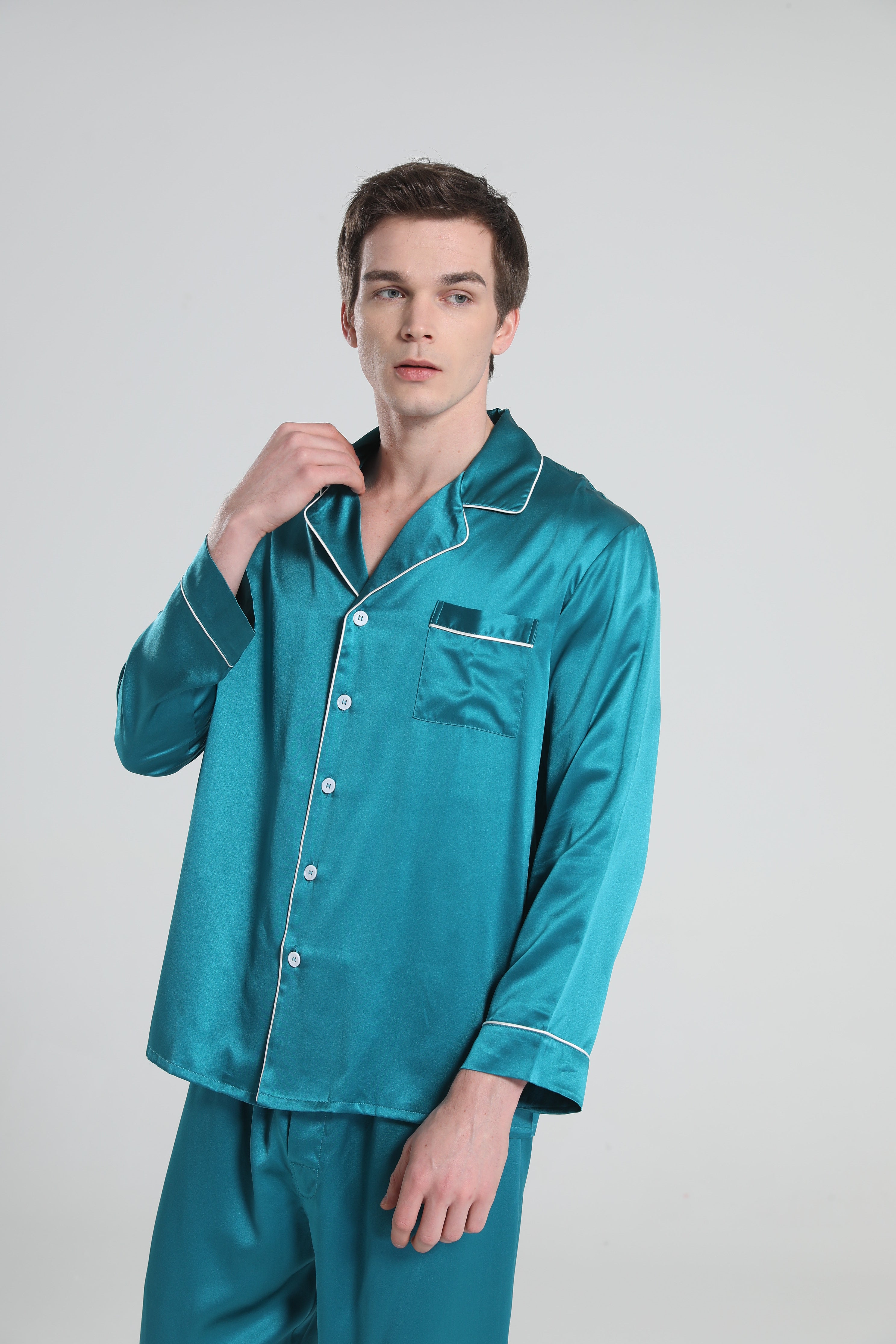 Casual Lapel Collar Silk Pajamas Set for Men Peacock Blue