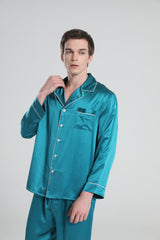 Casual Lapel Collar Silk Pajamas Set for Men Peacock Blue