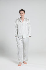 Casual Lapel Collar Silk Pajamas Set for Men Silver Grey