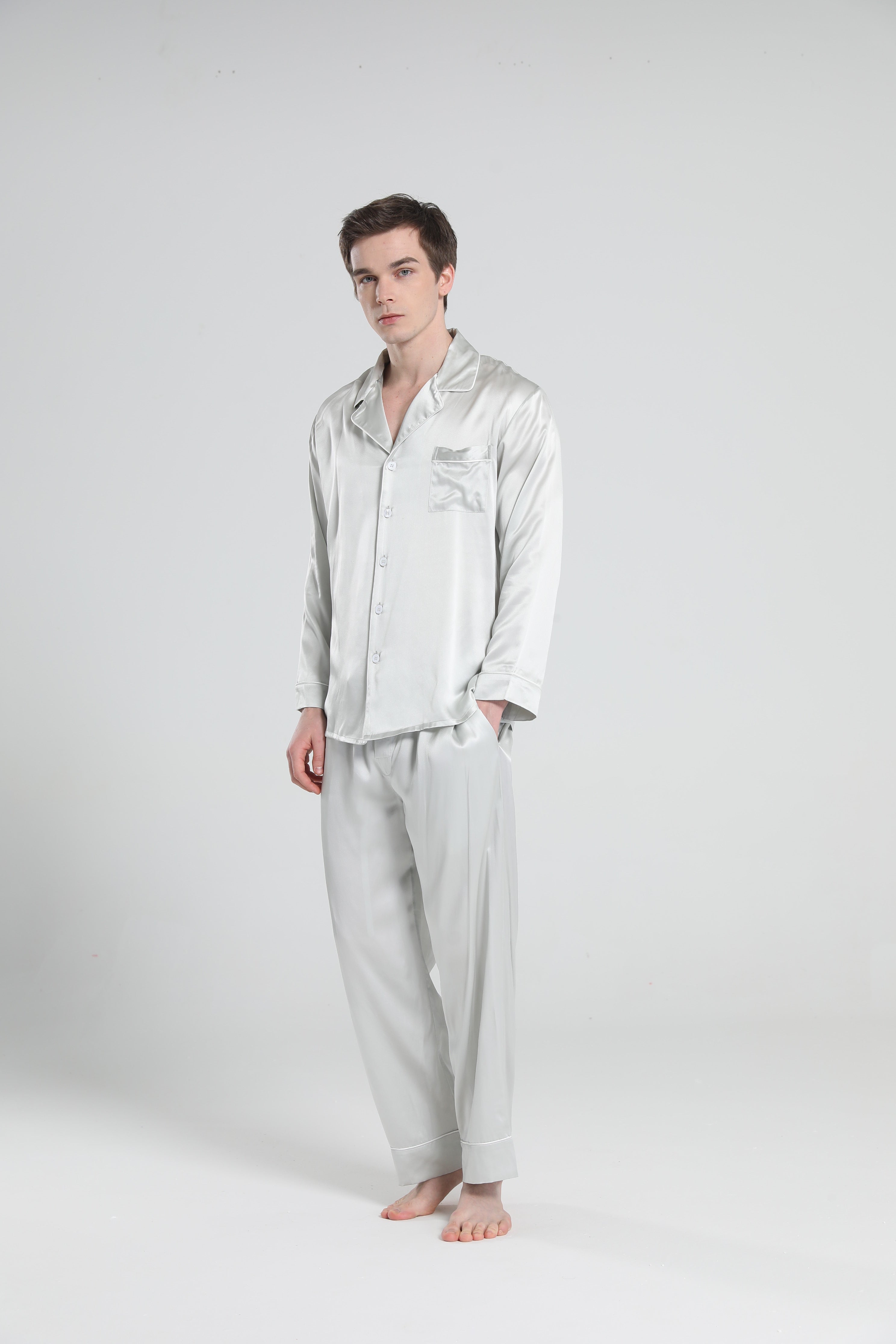 Casual Lapel Collar Silk Pajamas Set for Men Silver Grey