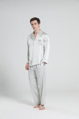 Casual Lapel Collar Silk Pajamas Set for Men Silver Grey