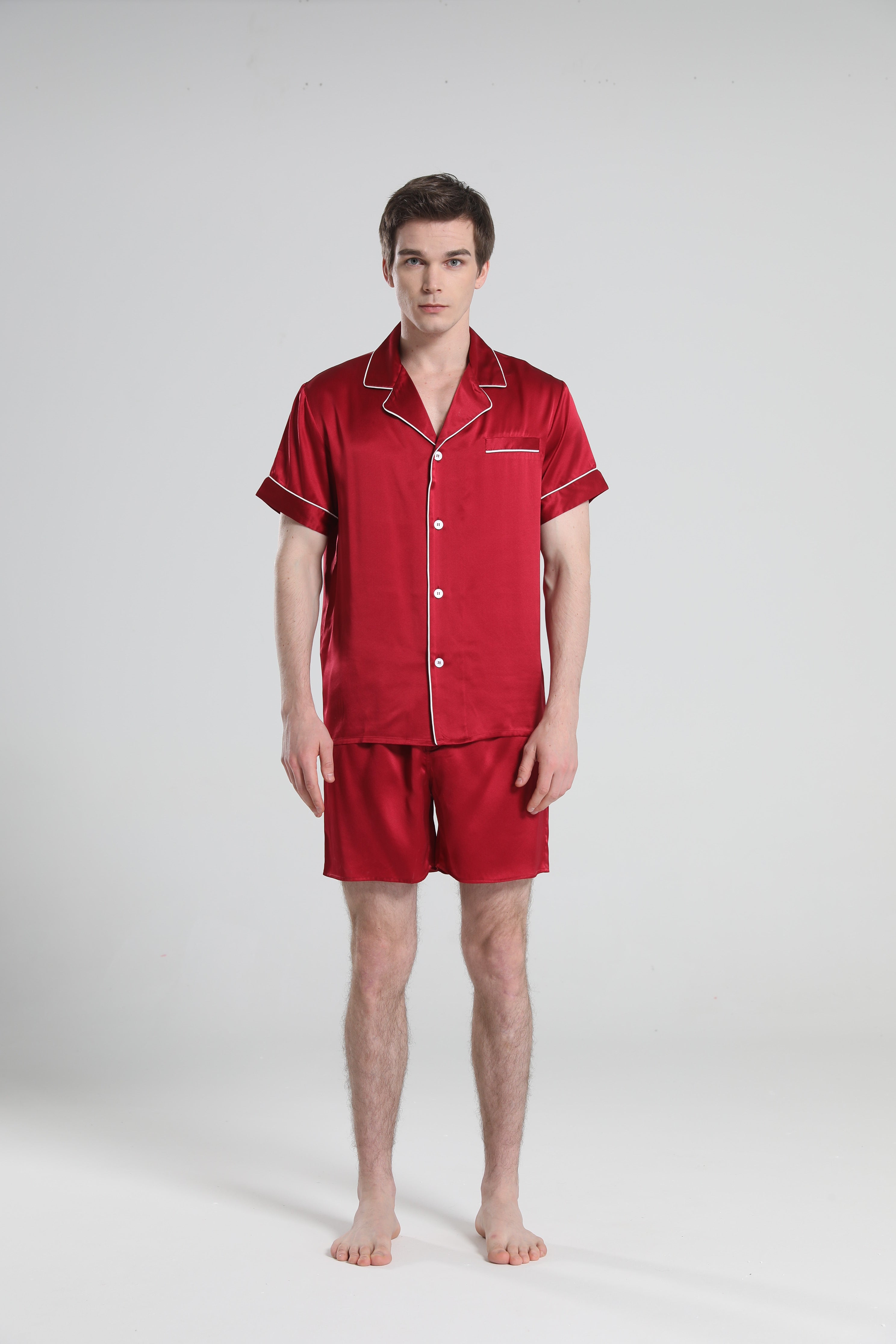 Casual Silk Short Pajamas For Men Red