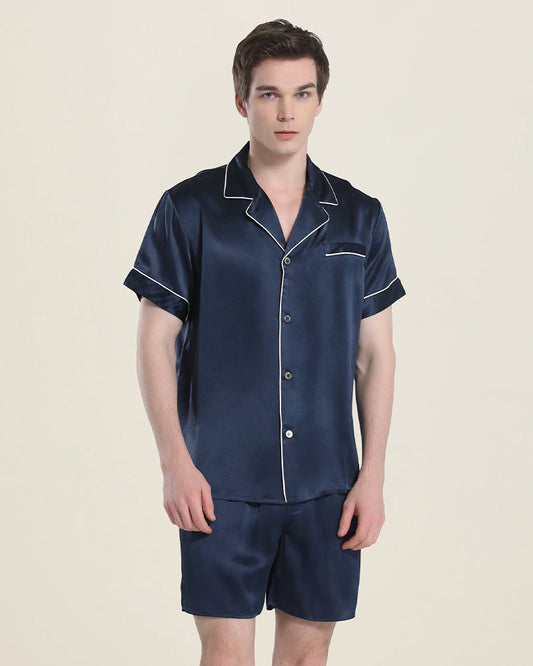 Casual Silk Short Pajamas For Men Navy