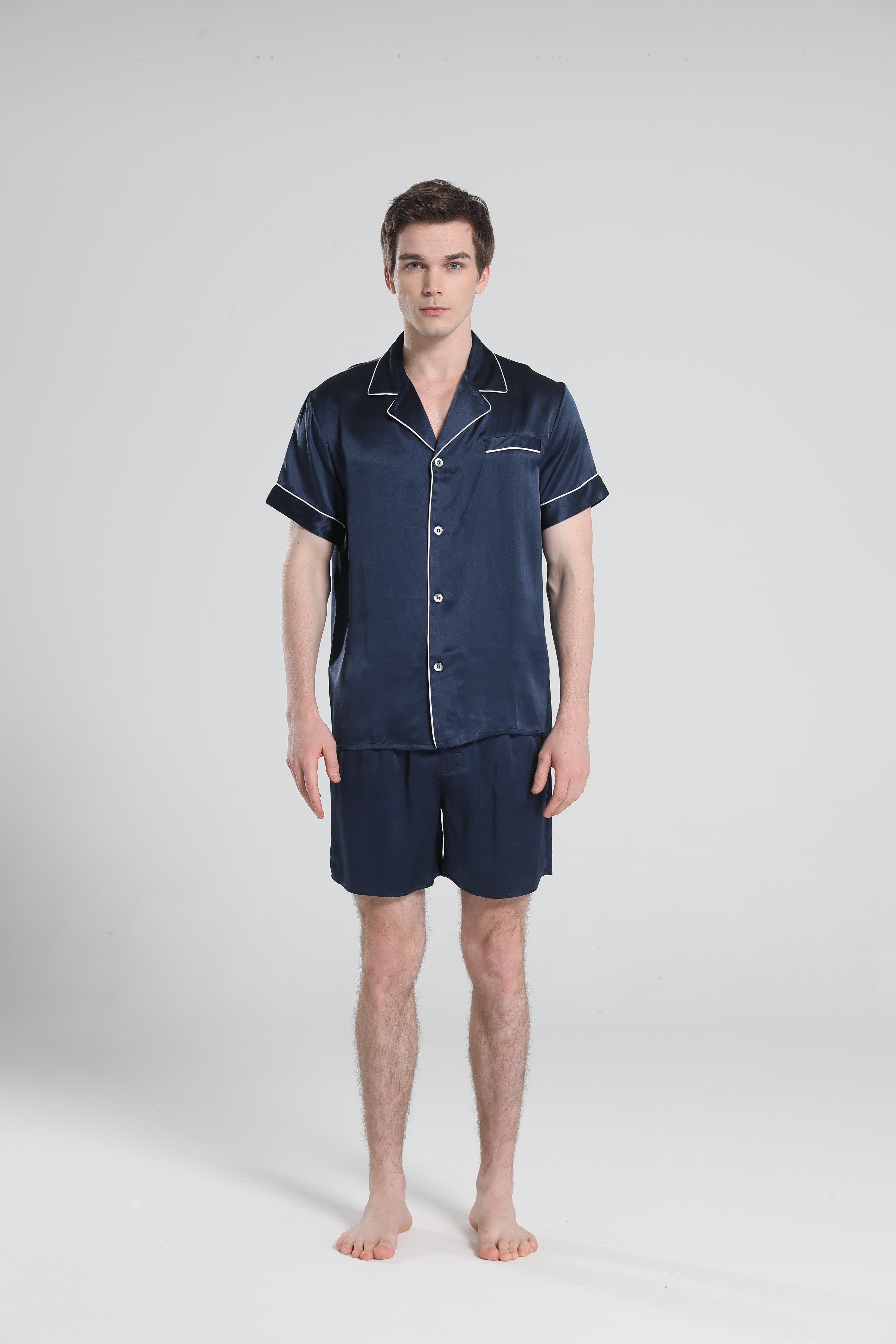 Casual Silk Short Pajamas For Men Navy