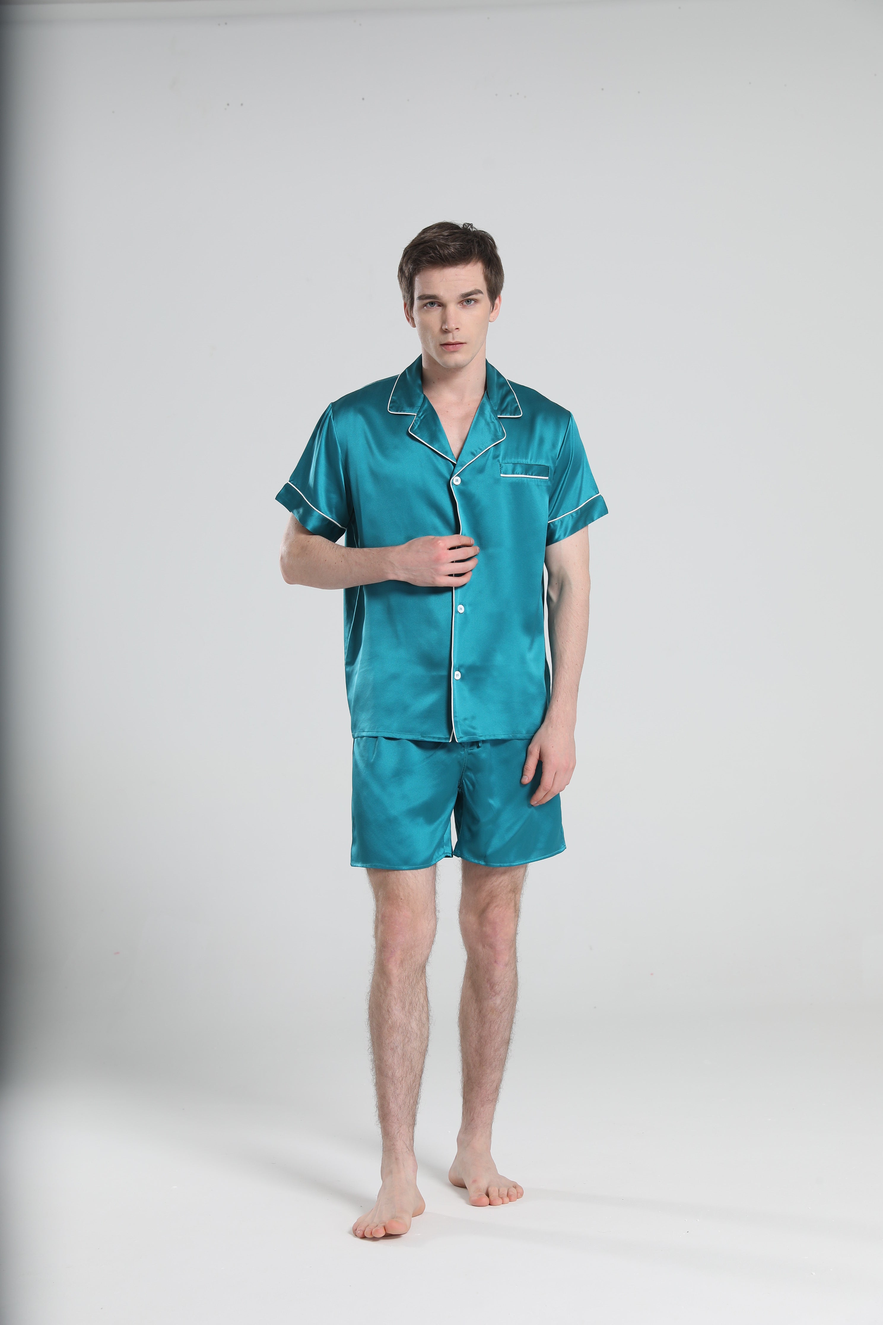 Casual Silk Short Pajamas For Men Peacock Blue
