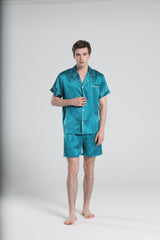 Casual Silk Short Pajamas For Men Peacock Blue