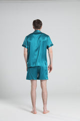Casual Silk Short Pajamas For Men Peacock Blue