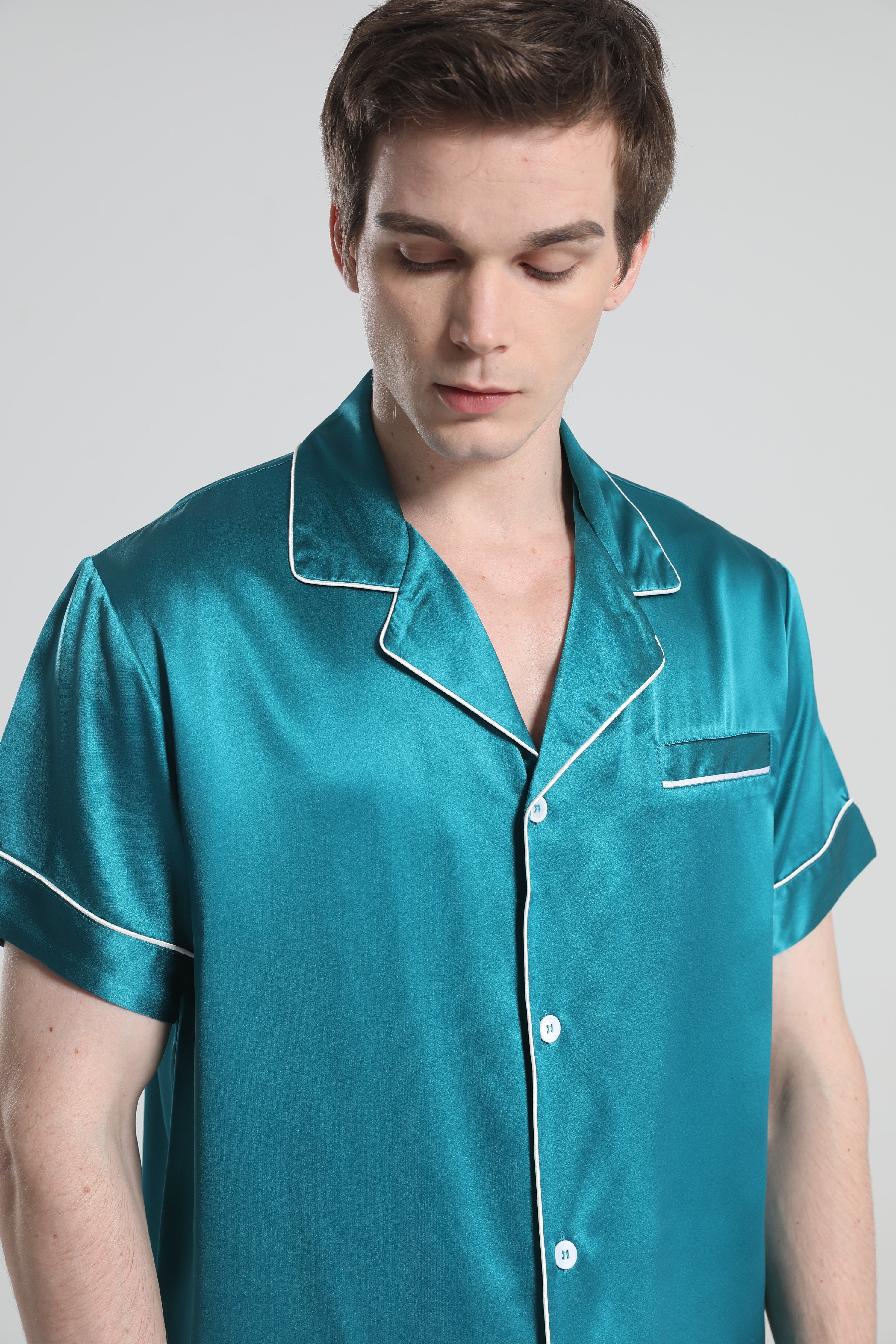 Casual Silk Short Pajamas For Men Peacock Blue