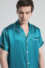 Casual Silk Short Pajamas For Men Peacock Blue