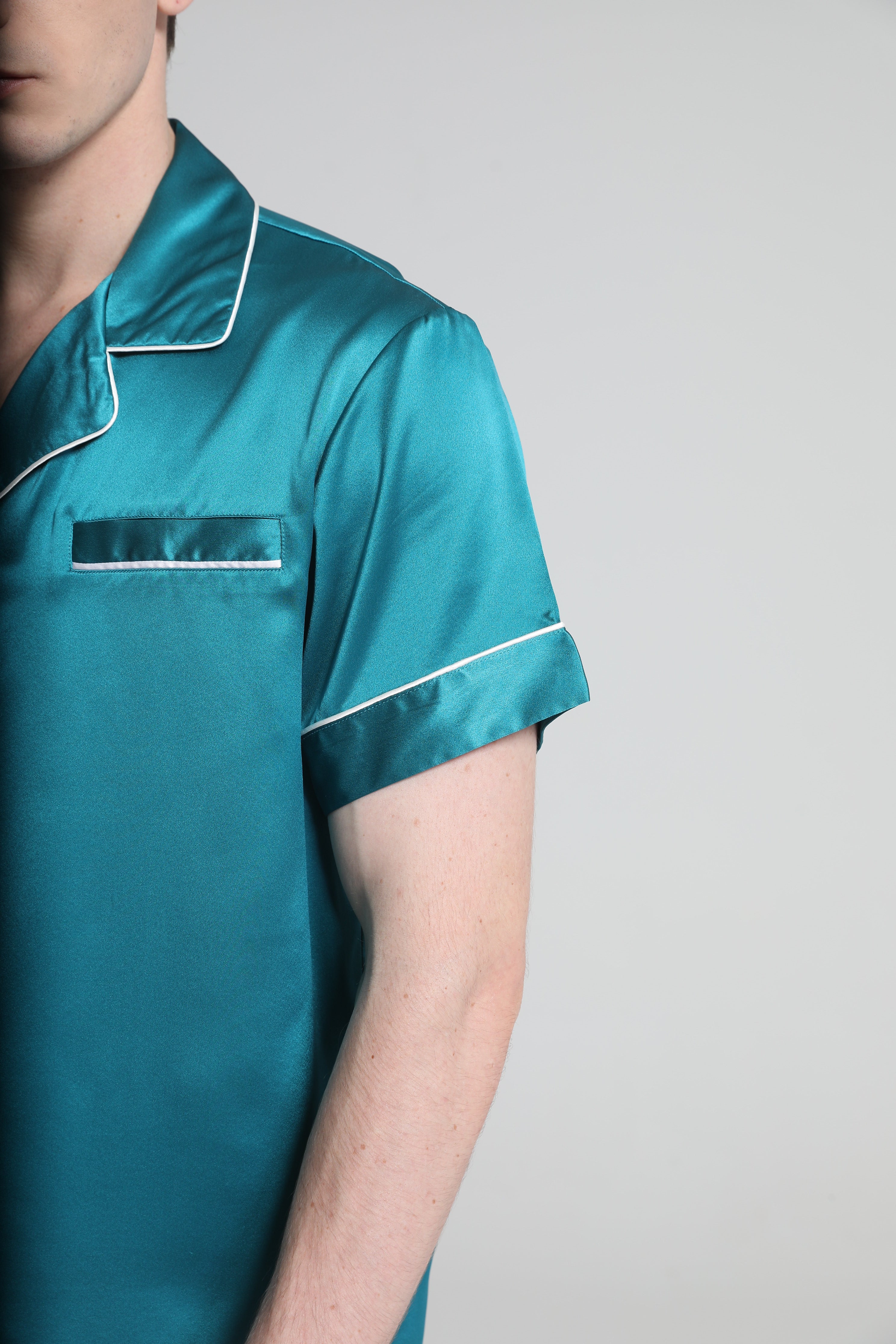 Casual Silk Short Pajamas For Men Peacock Blue