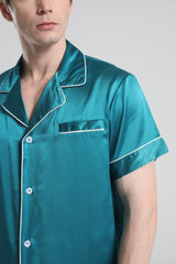 Casual Silk Short Pajamas For Men Peacock Blue
