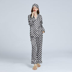 Classic Checkerboard Silk Pajama Set for Women Black