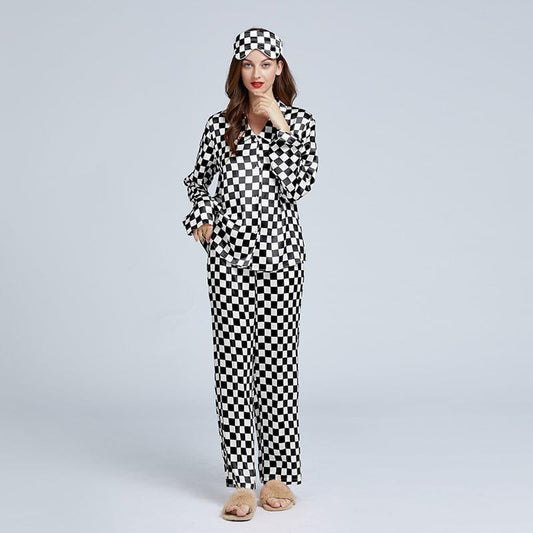 Classic Checkerboard Silk Pajama Set for Women Black