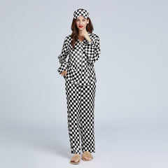 Classic Checkerboard Silk Pajama Set for Women Black