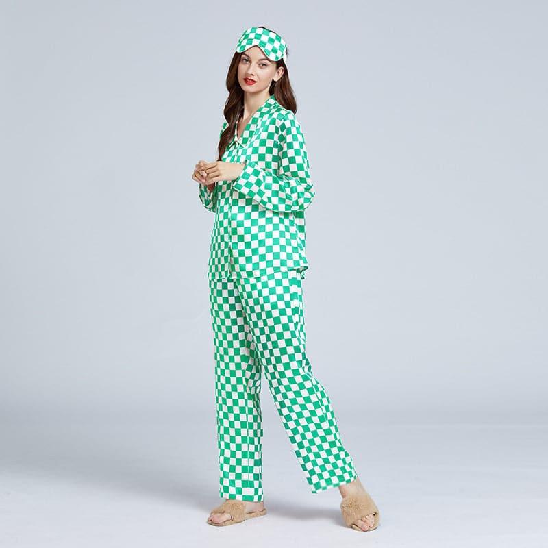 Classic Checkerboard Silk Pajama Set for Women Green