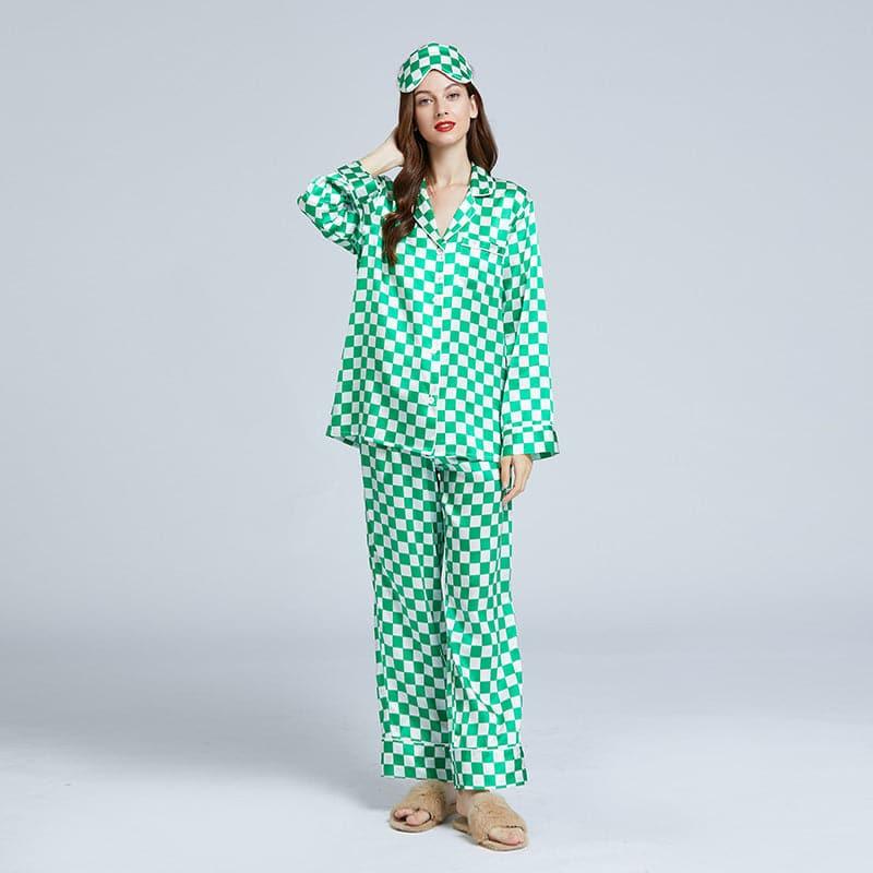 Classic Checkerboard Silk Pajama Set for Women Green