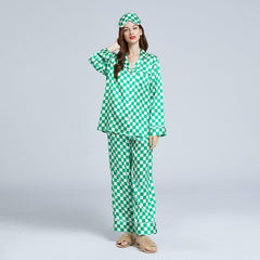 Classic Checkerboard Silk Pajama Set for Women Green