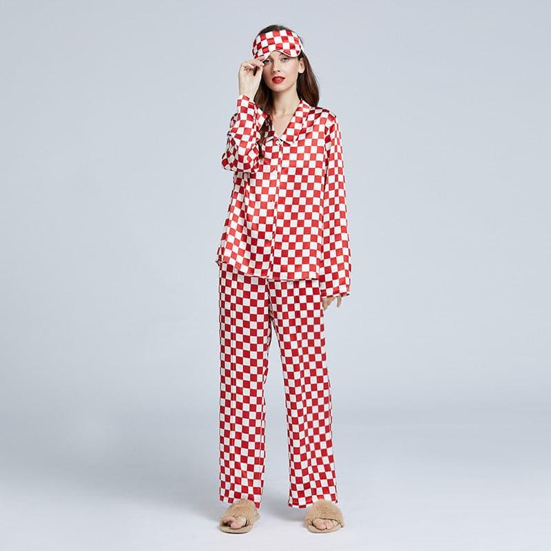 Classic Checkerboard Silk Pajama Set for Women Pink