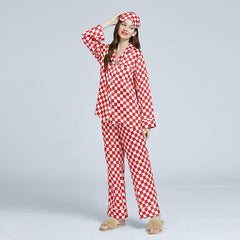 Classic Checkerboard Silk Pajama Set for Women Pink
