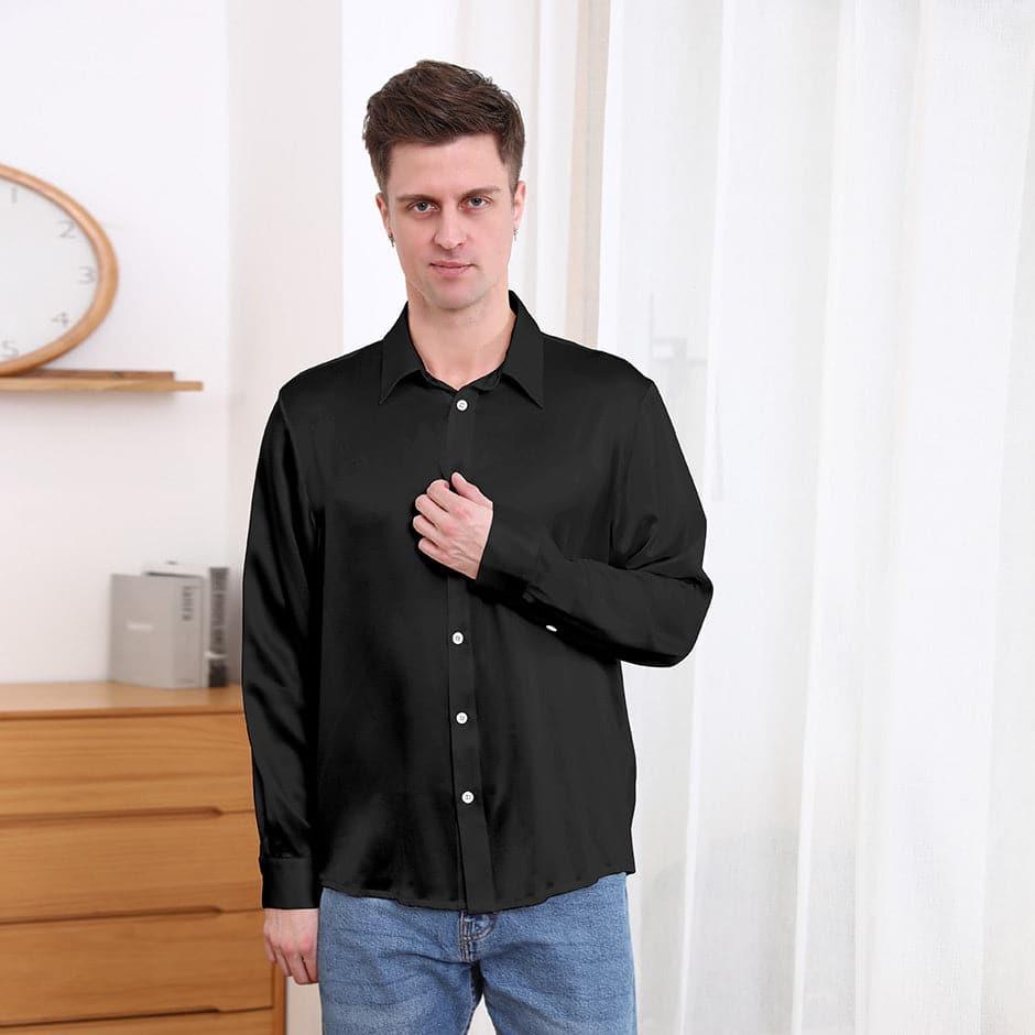 Classic Collar Silk Long Shirt For Men Black