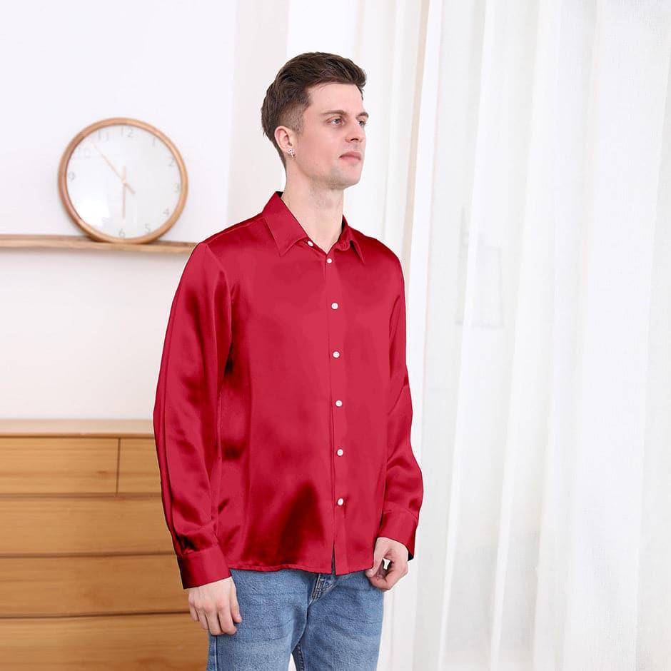 Classic Collar Silk Long Shirt For Men Burgundy