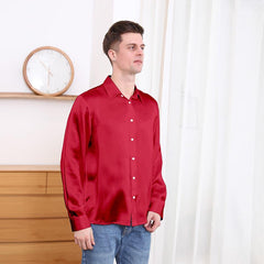 Classic Collar Silk Long Shirt For Men Burgundy
