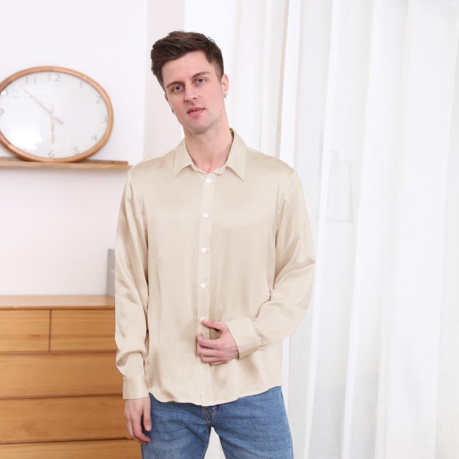 Classic Collar Silk Long Shirt For Men Champagne