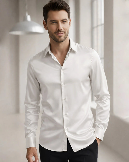 Classic Collar Silk Long Shirt For Men