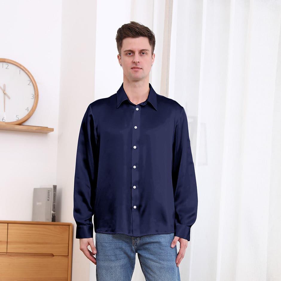 Classic Collar Silk Long Shirt For Men Navy