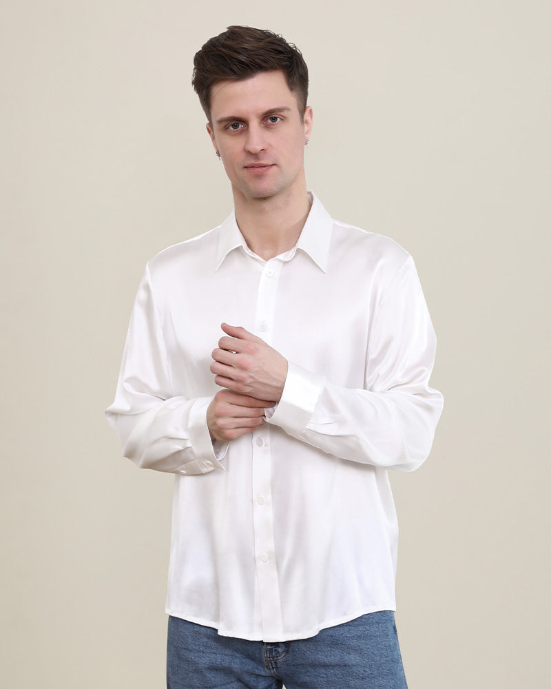 Classic Collar Silk Long Shirt For Men White
