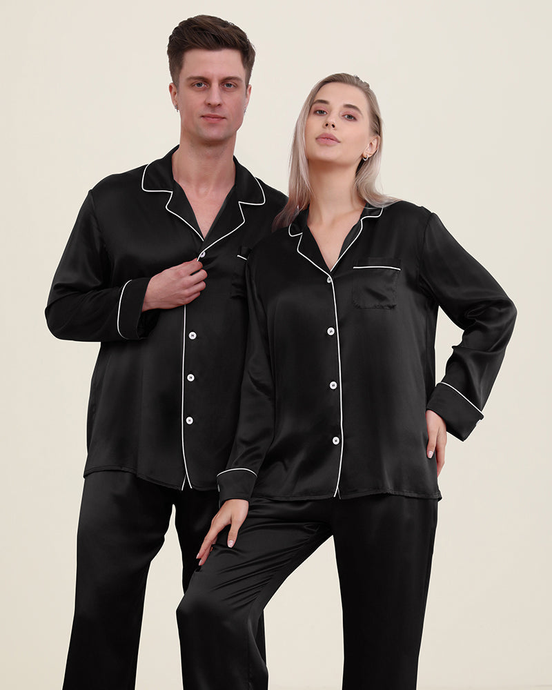 Classic Couple Matching Silk Pajamas Set Black