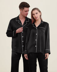 Classic Couple Matching Silk Pajamas Set Black