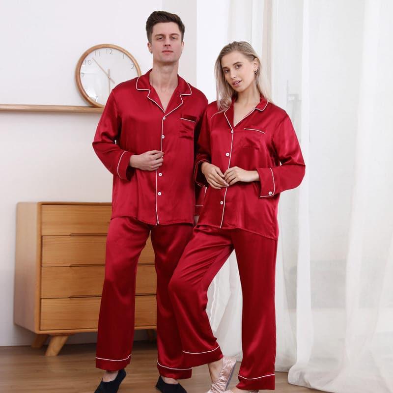 Classic Couple Matching Silk Pajamas Set Burgundy