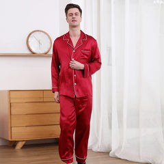 Classic Couple Matching Silk Pajamas Set Burgundy