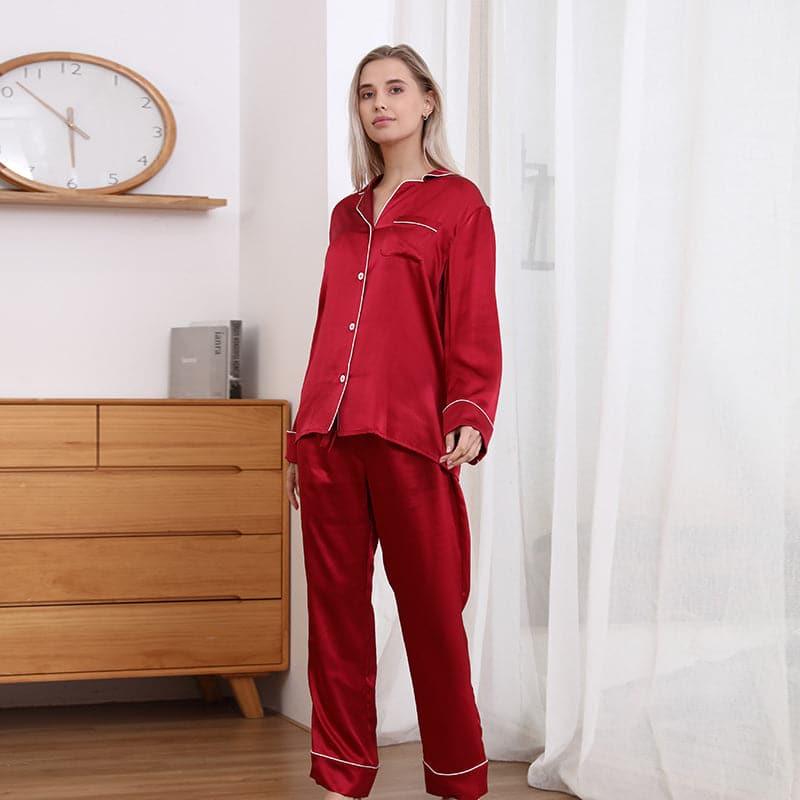 Classic Couple Matching Silk Pajamas Set Burgundy