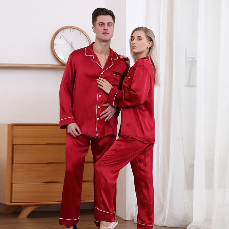Classic Couple Matching Silk Pajamas Set Burgundy
