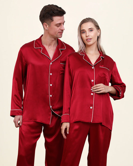 Classic Long Silk Pajamas for Couple Burgundy