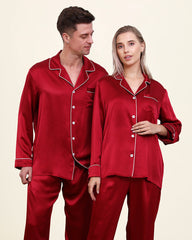 Classic Long Silk Pajamas for Couple Burgundy