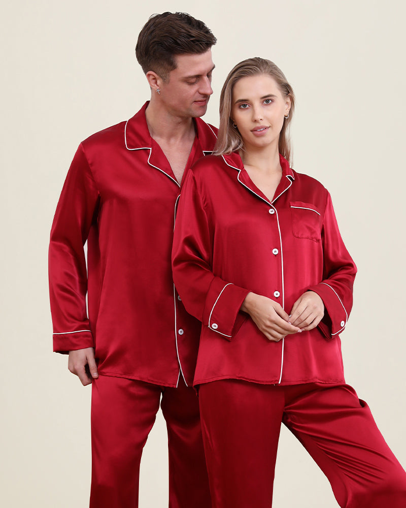 Classic Long Silk Pajamas for Couple Burgundy