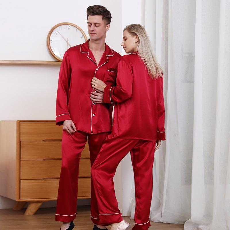 Classic Long Silk Pajamas for Couple Burgundy