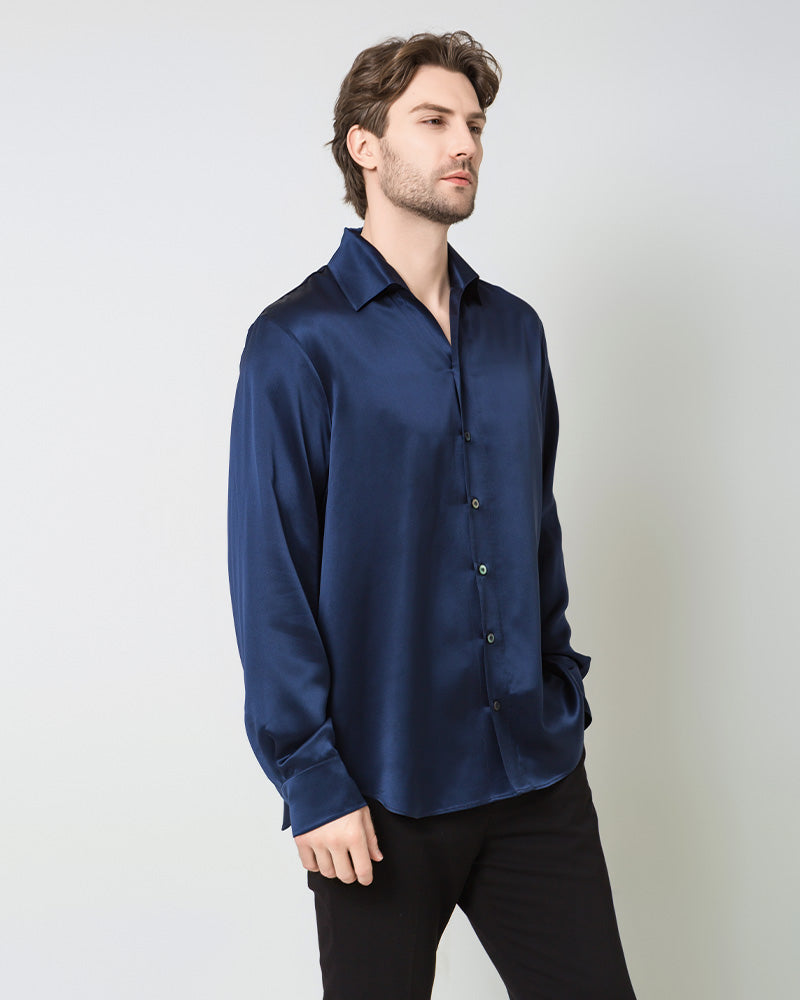 Classic Long Sleeve Silk Men's Shirt Navy