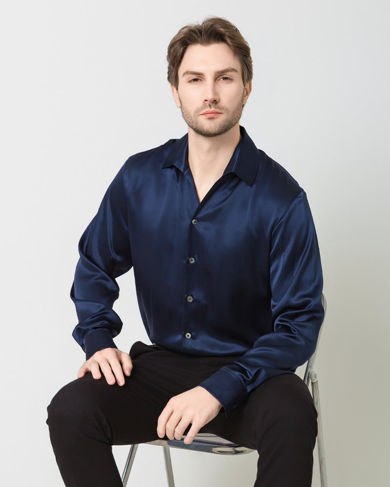 Classic Long Sleeve Silk Men's Shirt Navy