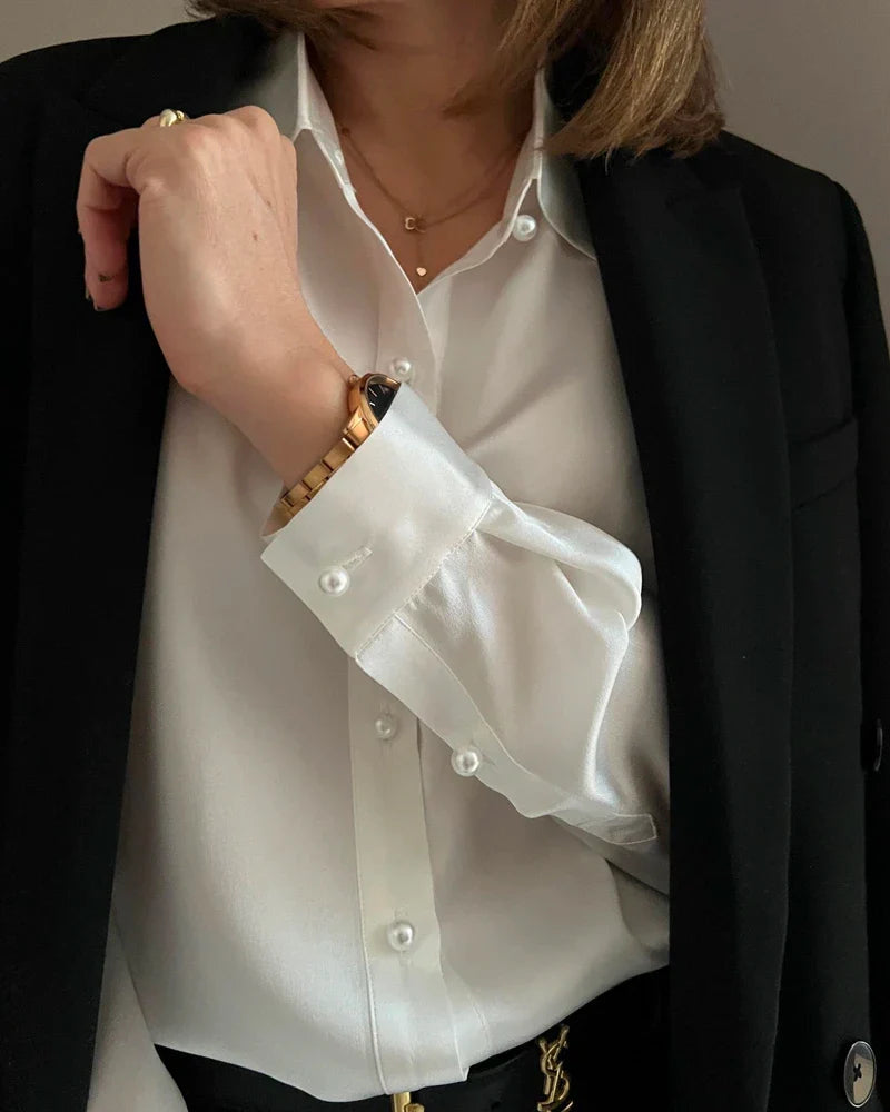 Classic Pearl Button Silk Shirt For Women White