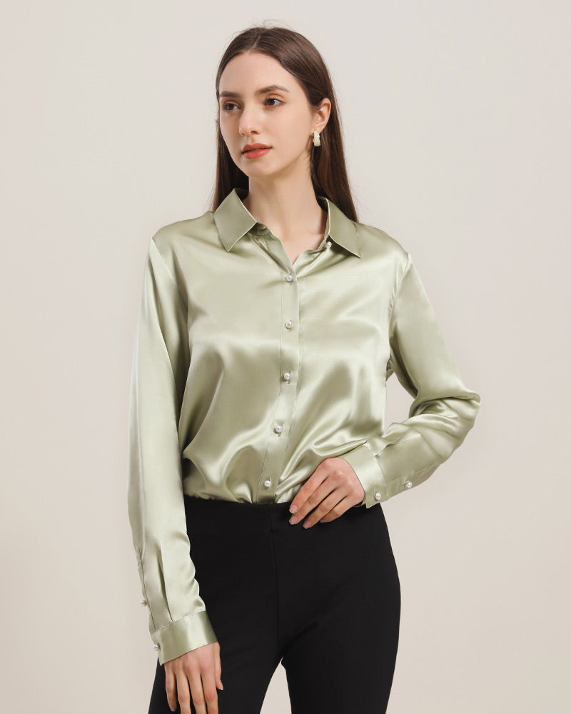 Classic Pearl Button Silk Shirt For Women Avocado Green