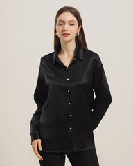 Classic Pearl Button Silk Shirt For Women Black
