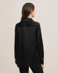 Classic Pearl Button Silk Shirt For Women Black