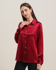 Classic Pearl Button Silk Shirt For Women Burgundy