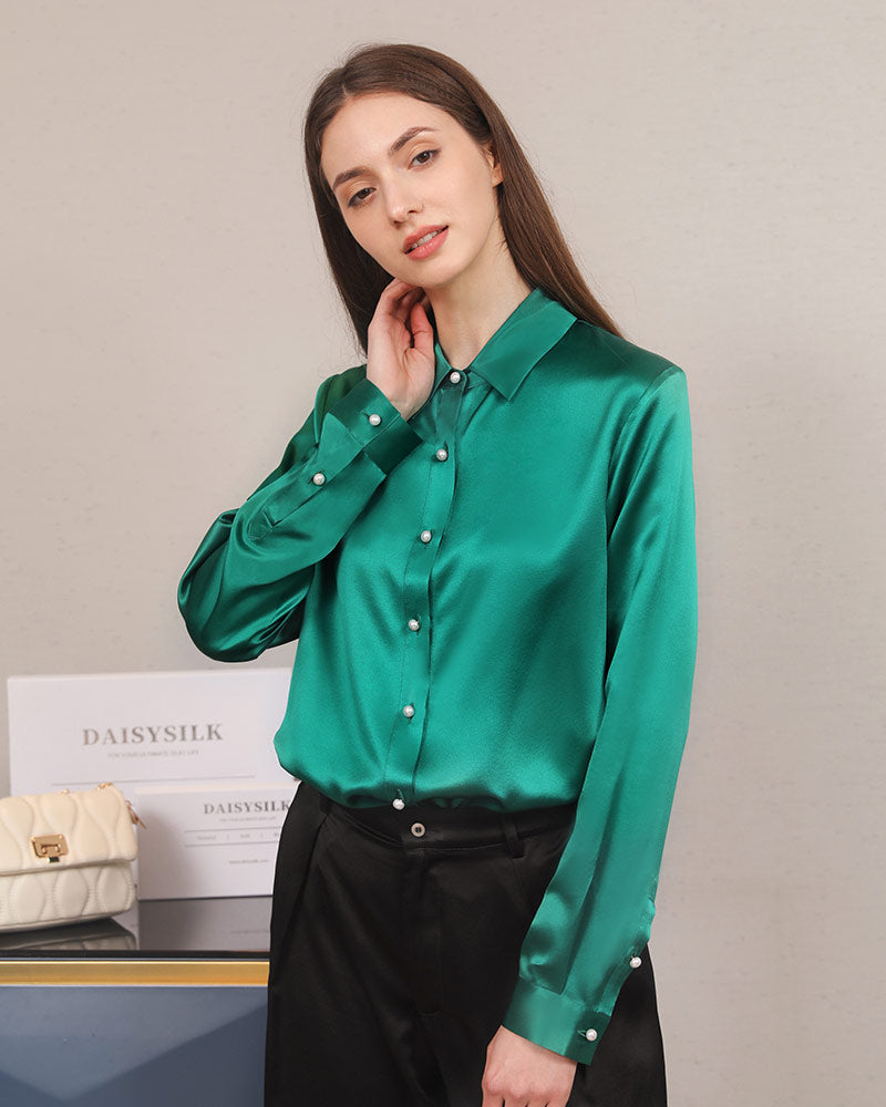 Classic Pearl Button Silk Shirt For Women Green
