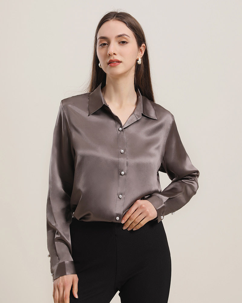 Classic Pearl Button Silk Shirt For Women Dark Grey