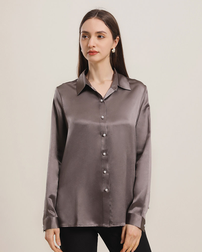Classic Pearl Button Silk Shirt For Women Dark Grey